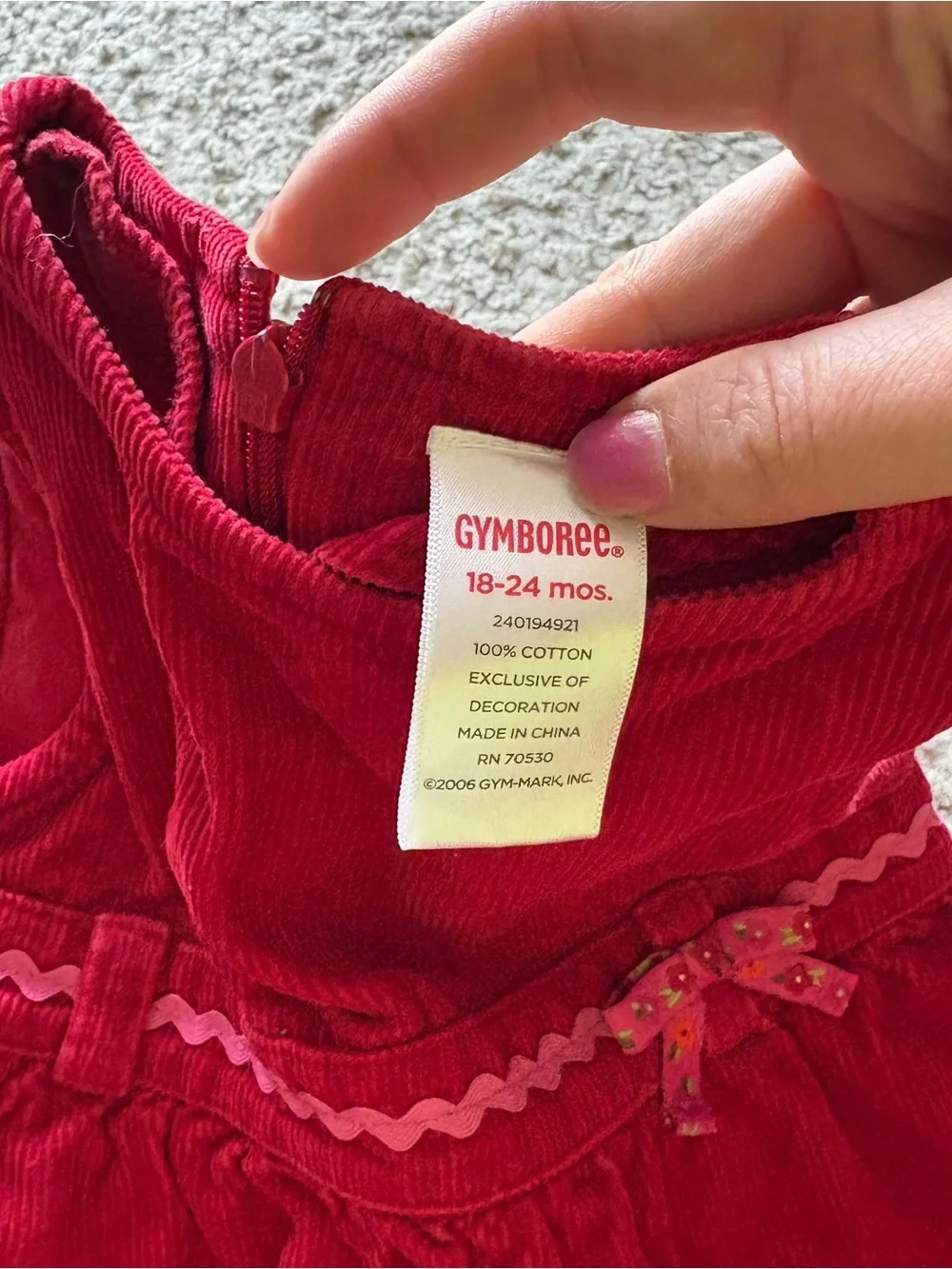 Gymboree 18-24 Month Red Peruvian Corduroy Jumper Dress Pink Trim Vintage Y2K 90